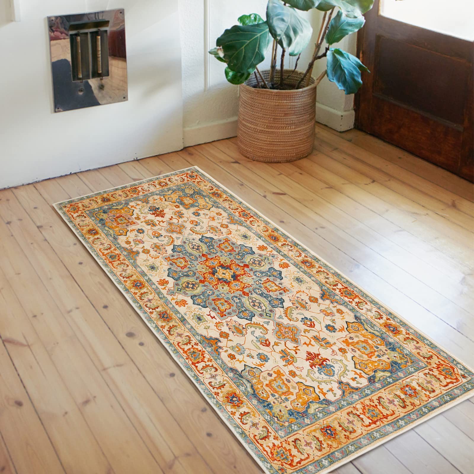 Boho Distressed Area Rug 2′ x 4′, Machine Washable Faux Wool Non-Slip Small R…
