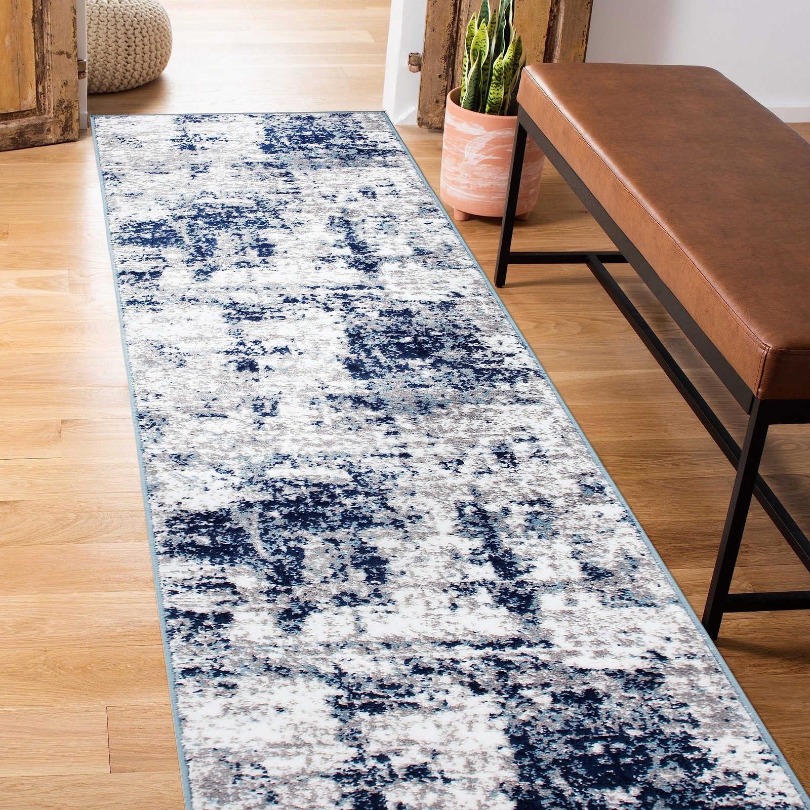 Rugshop Modern Distressed Blue Abstract Runner Rug Bohemian Inspired For