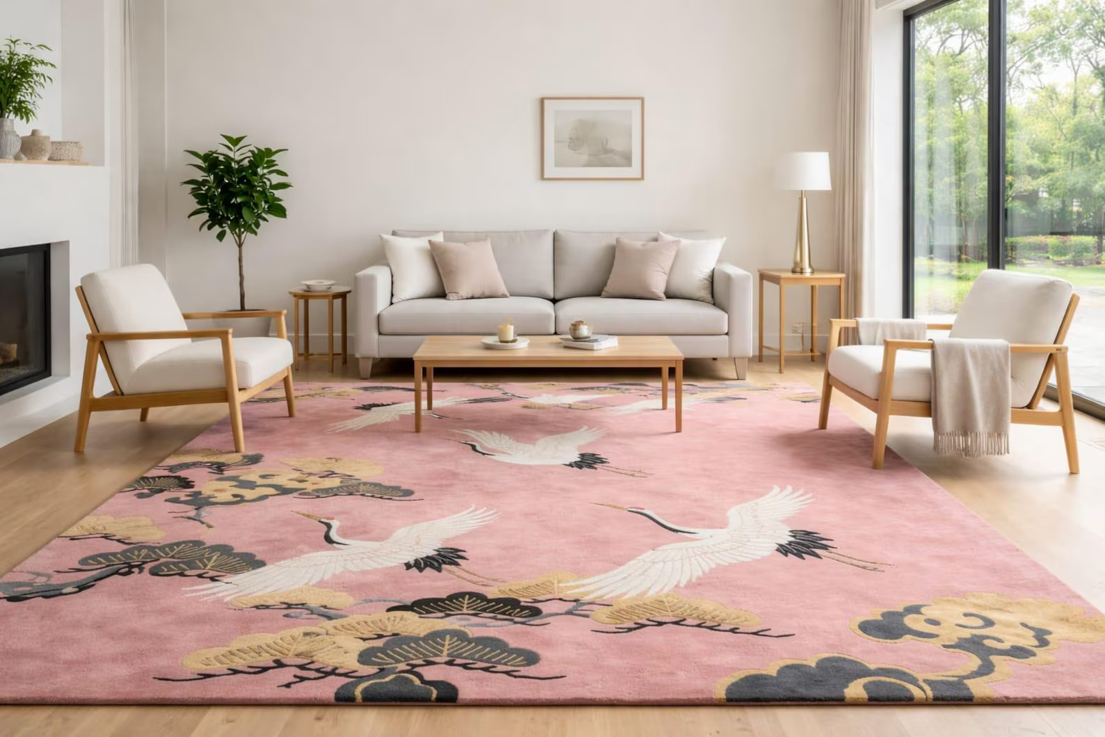 Hand-Tufted Wool Crane Rug – Pink Gold Chinoiserie Oriental Bird Floor Decor Rug