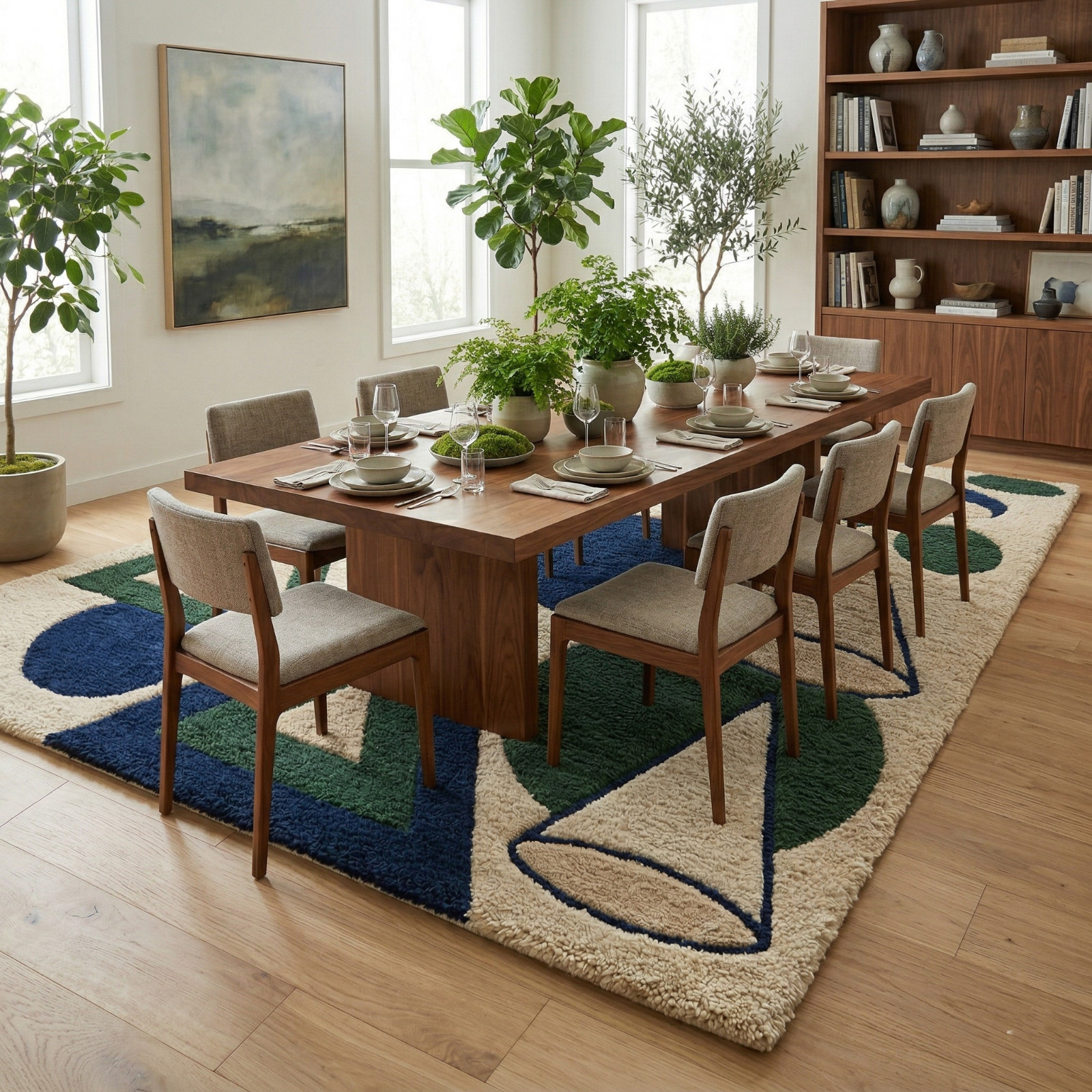 9×12 Hand Tufted Wool Area Rug Navy Green Geometric Modern Carpet Living Room