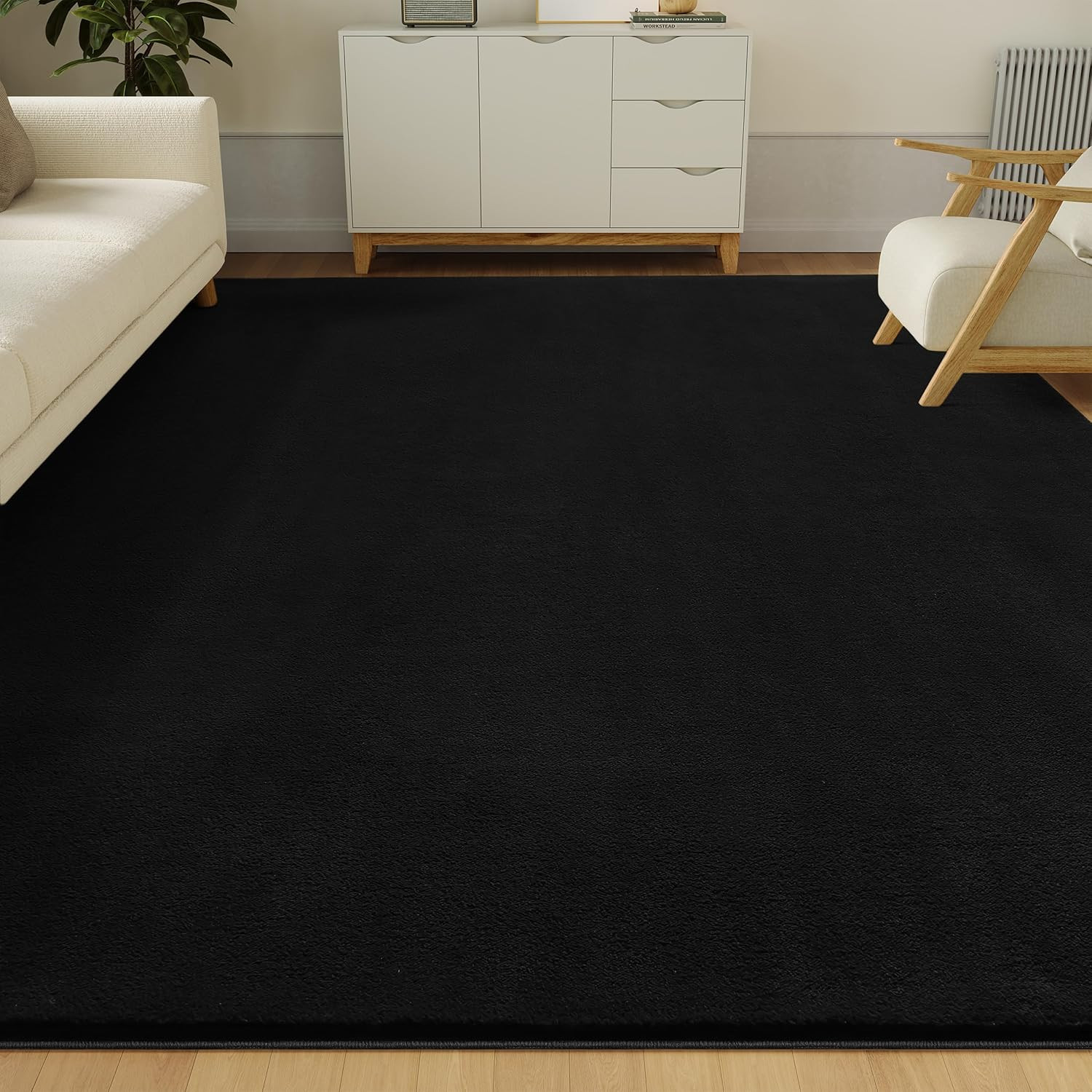 6X9 Black Faux Cashmere Area Rug – Machine Washable, Non-Slip, Modern Style