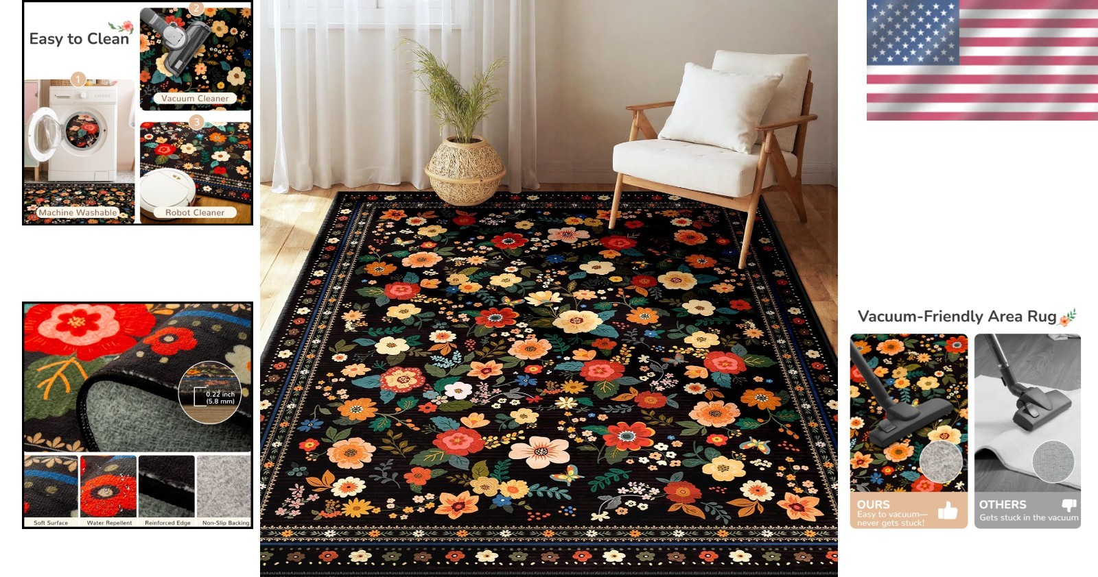Elegant 3′ x 5′ Bohemian Floral Printed Rug – Vacuum Friendly & Easy Care