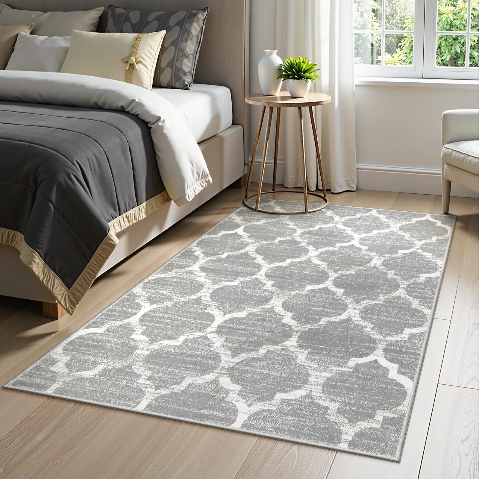 Moroccan Bedroom Area Throw Washable Rug NonSlip Distressed 3×5 Gray Meline