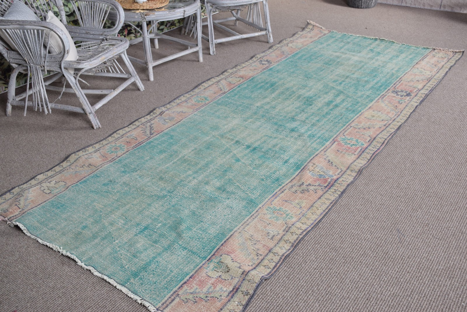 Vintage Turkish Rug 4,1×10,1 ft, Blue Check Wool Rug