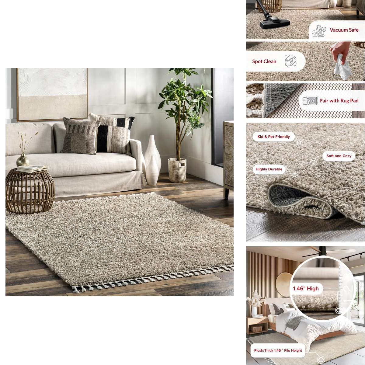 Nuloom Neva Beige/Ivory 3 X 5 Modern Shag Tasseled Soft And Cozy High Traffic