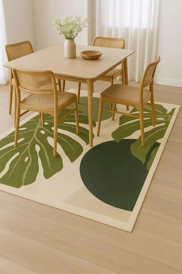 Hand Tufted Modern Botanical Rug Monstera Leaf Design Handmade Carpet Area Rug