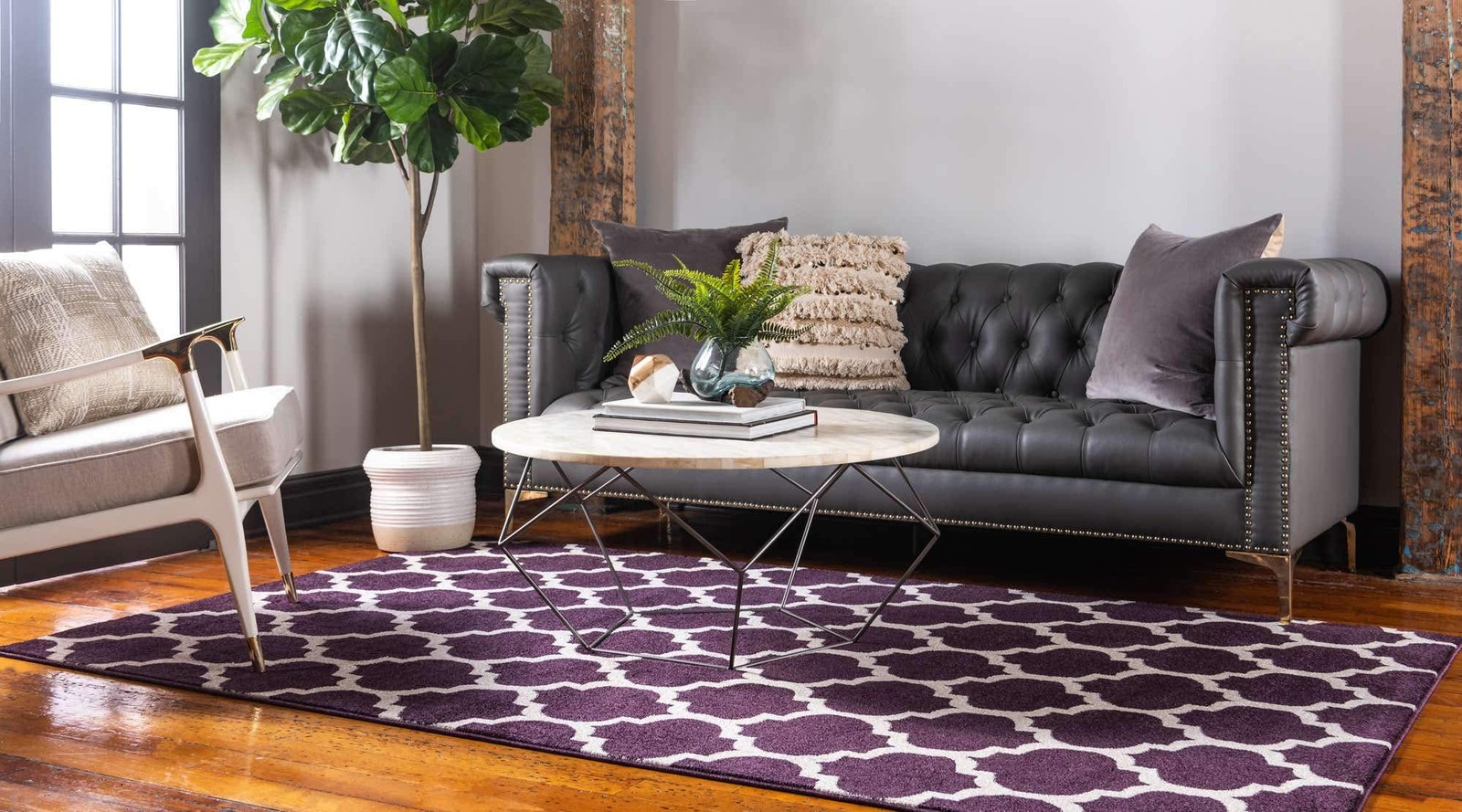 Unique Loom Trellis Collection Area Rug – 3 3 X 5 3 Rectangle Purple/Ivory