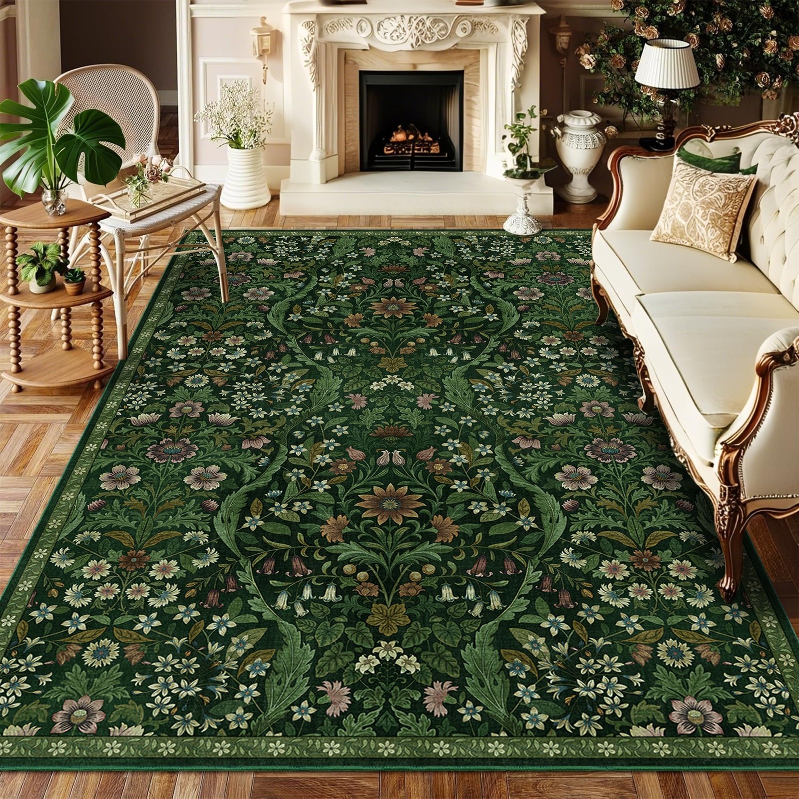 5×7 Dark Green Washable Floral Area Rug Vintage Boho Soft Low-Pile Stain