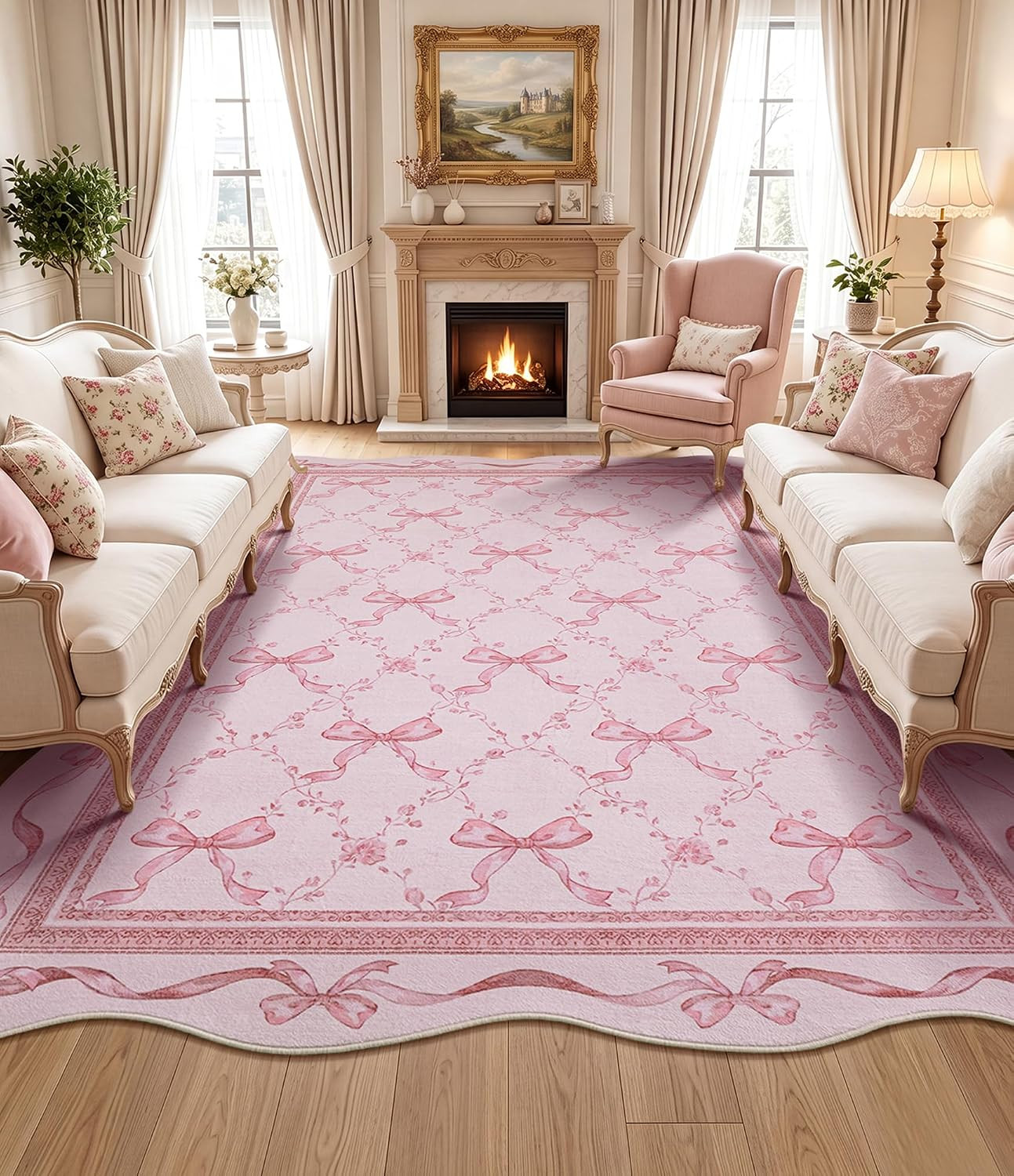 Pink Bow Entryway Rug for Girls: 3X5 Washable Floral Scalloped Rugs | Non-Slip L