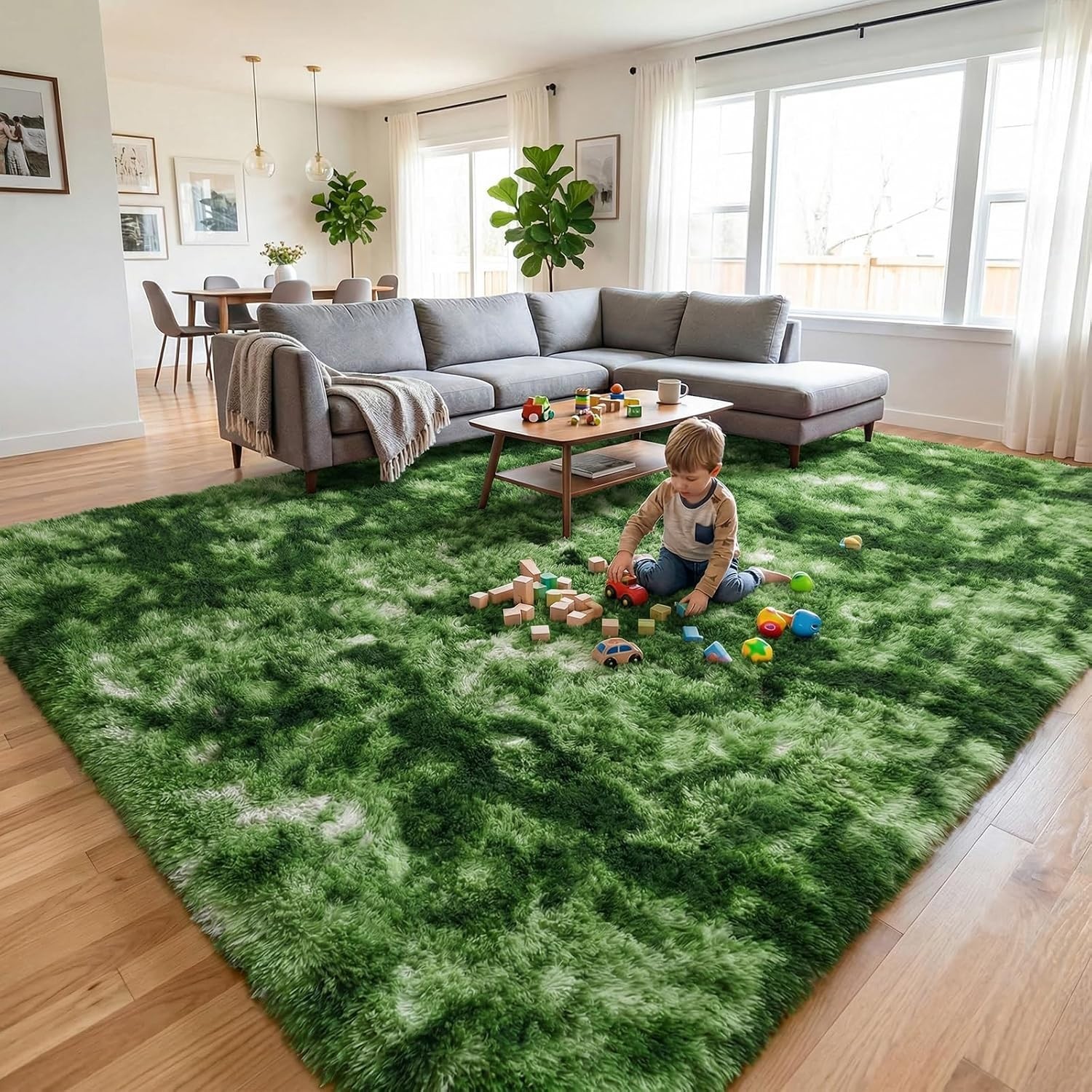 Fluffy High-Pile 4×6 ft Dark Green Rug – Modern Tie-Dye Design, Machine Washable