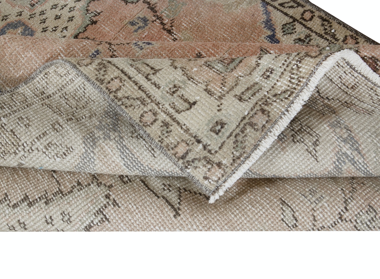 3.5×6.4 Ft Hand Knotted Vintage Turkish Rug in Soft Red, Beige & Navy Blue