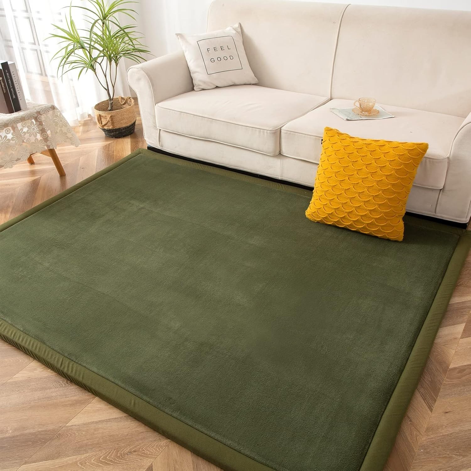 Thick Handmade Coral Velvet Tatami Mat – 59″ x 78″ Olive Green Living Room Rug