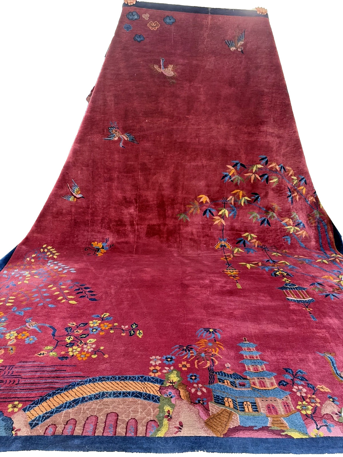 Auth: Antique Art Deco Chinese Rug Unique Nichols Beauty Cranberry 9×12