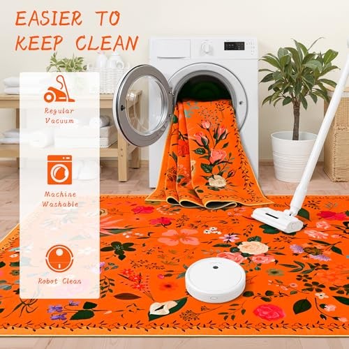 Floral Kitchen Rugs 2×6, Washable Boho Flower Area Rug, Non 2ftx6ft Orange Red