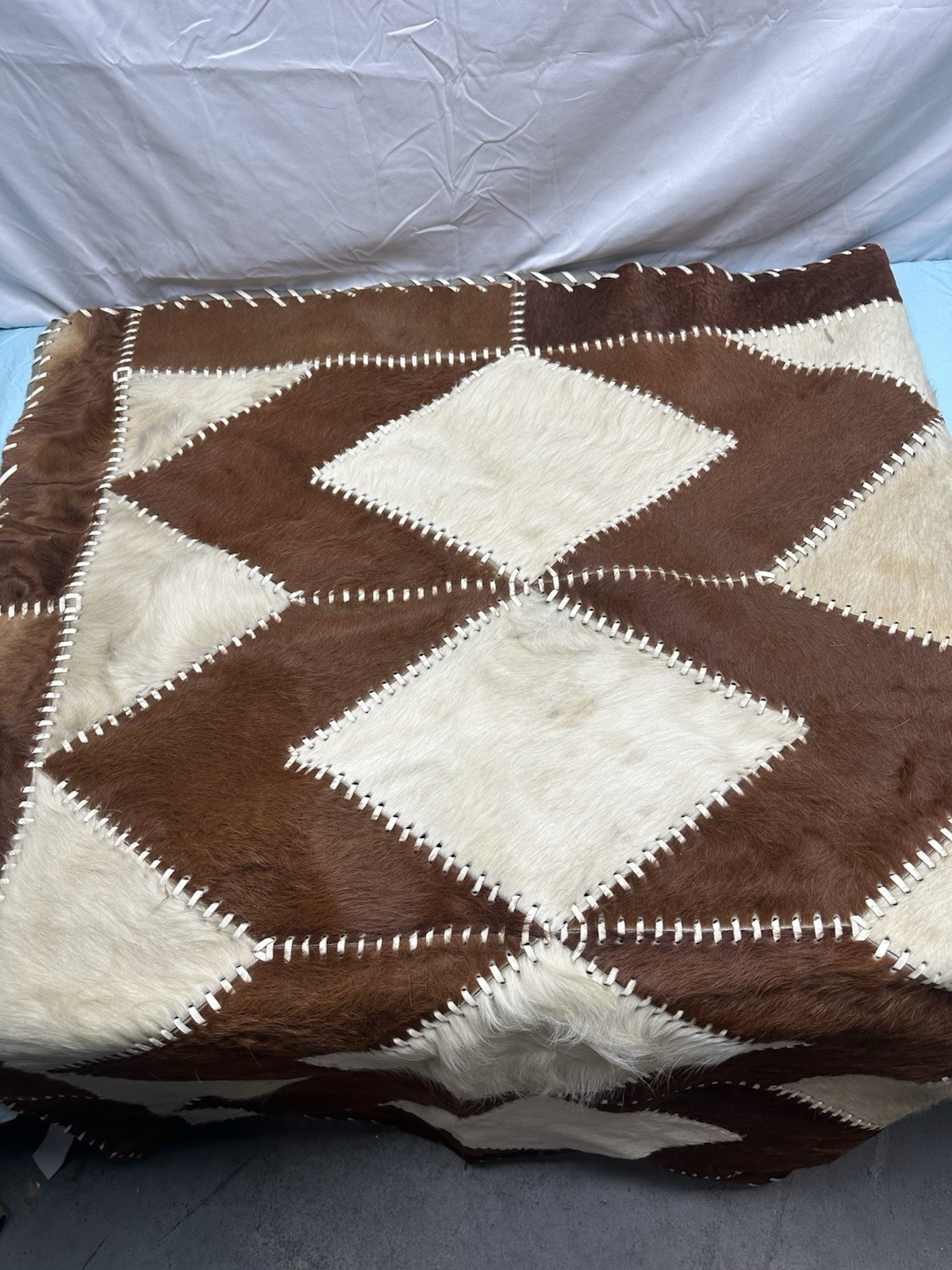 Handmade Patchwork Cowhide Leather Rug 4.10×6 ft Diamond Pattern *Read Desc