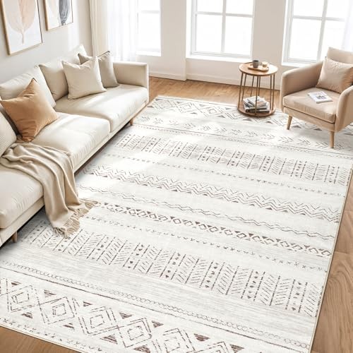 5×7 Area Rug for Living Room, Washable 5′ x 7′ (Rectangular) Light Brown/Cream