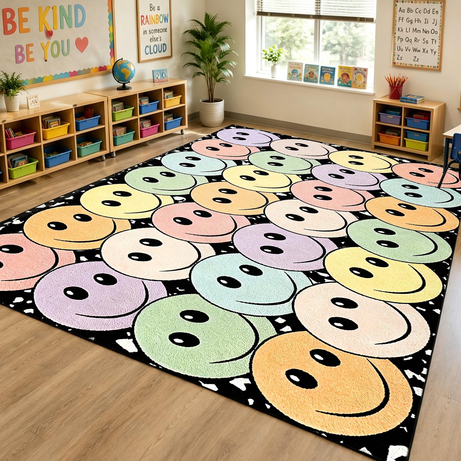 7’6” x 12′ Composition Notebook Classroom Rug Pastel Smiley Face Seating Car…