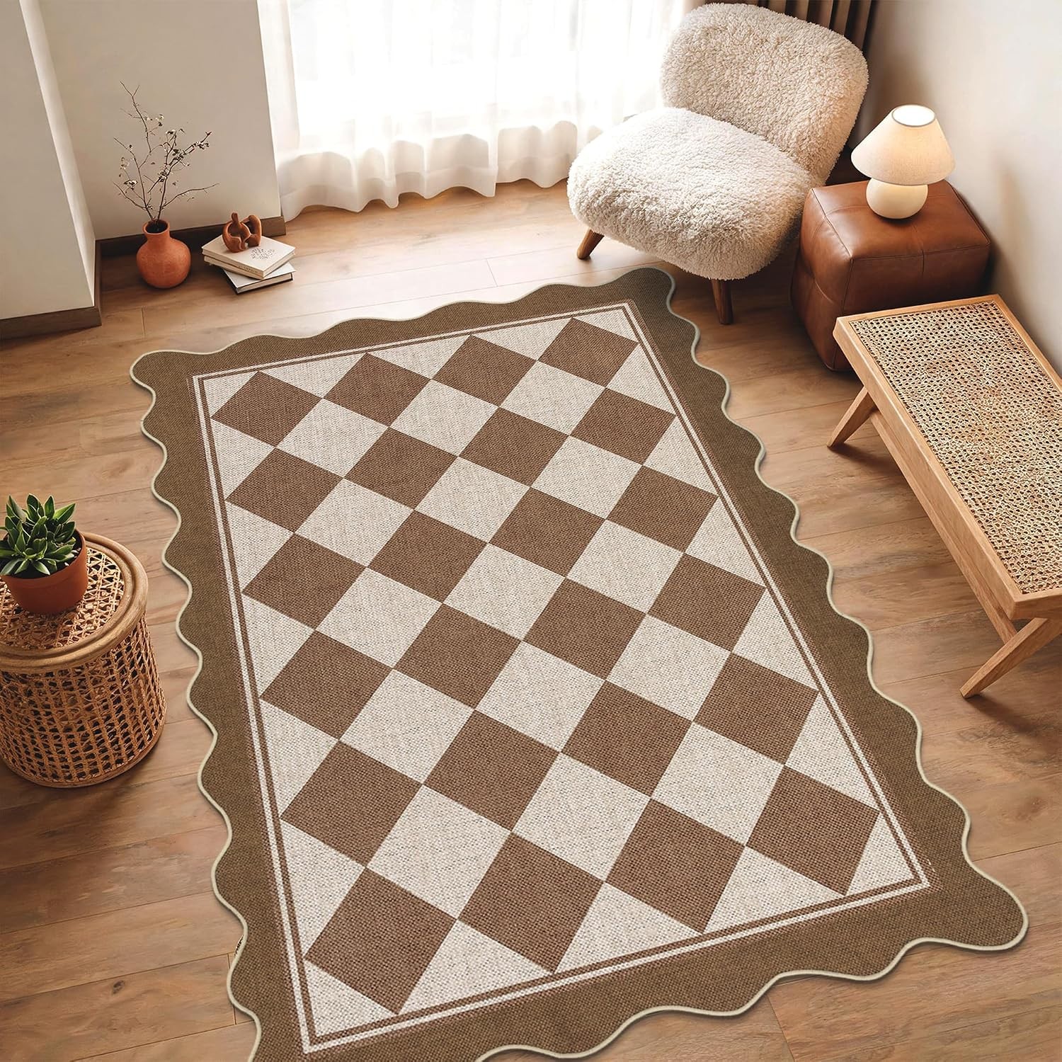 Scalloped Checkerboard Black White 5×7 Jute Washable Area Rug Living Room Patio