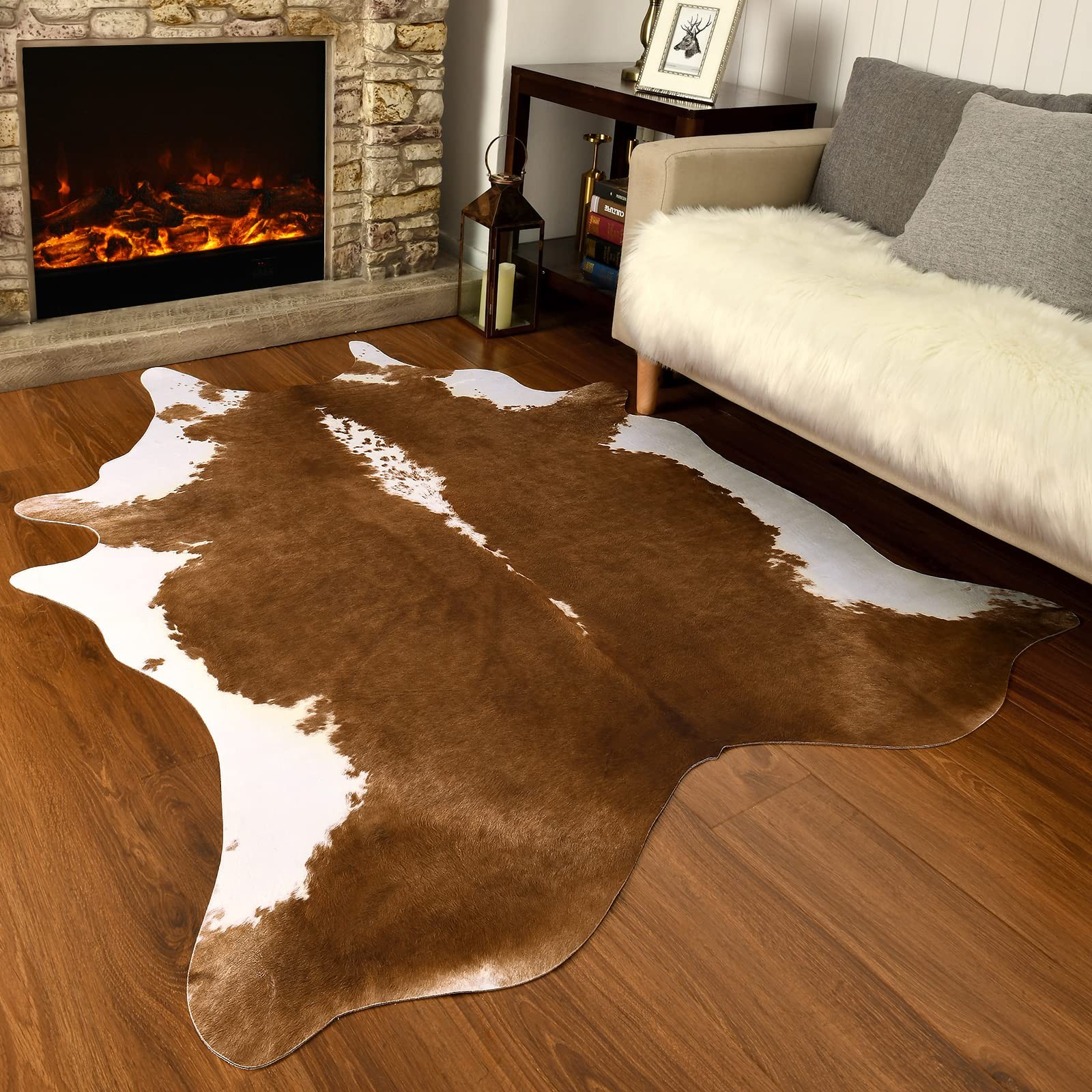 Faux Cowhide Rug, 4.6 x 5.2 Feet, Cow Print Animal Carpet, Western Decor, Brown