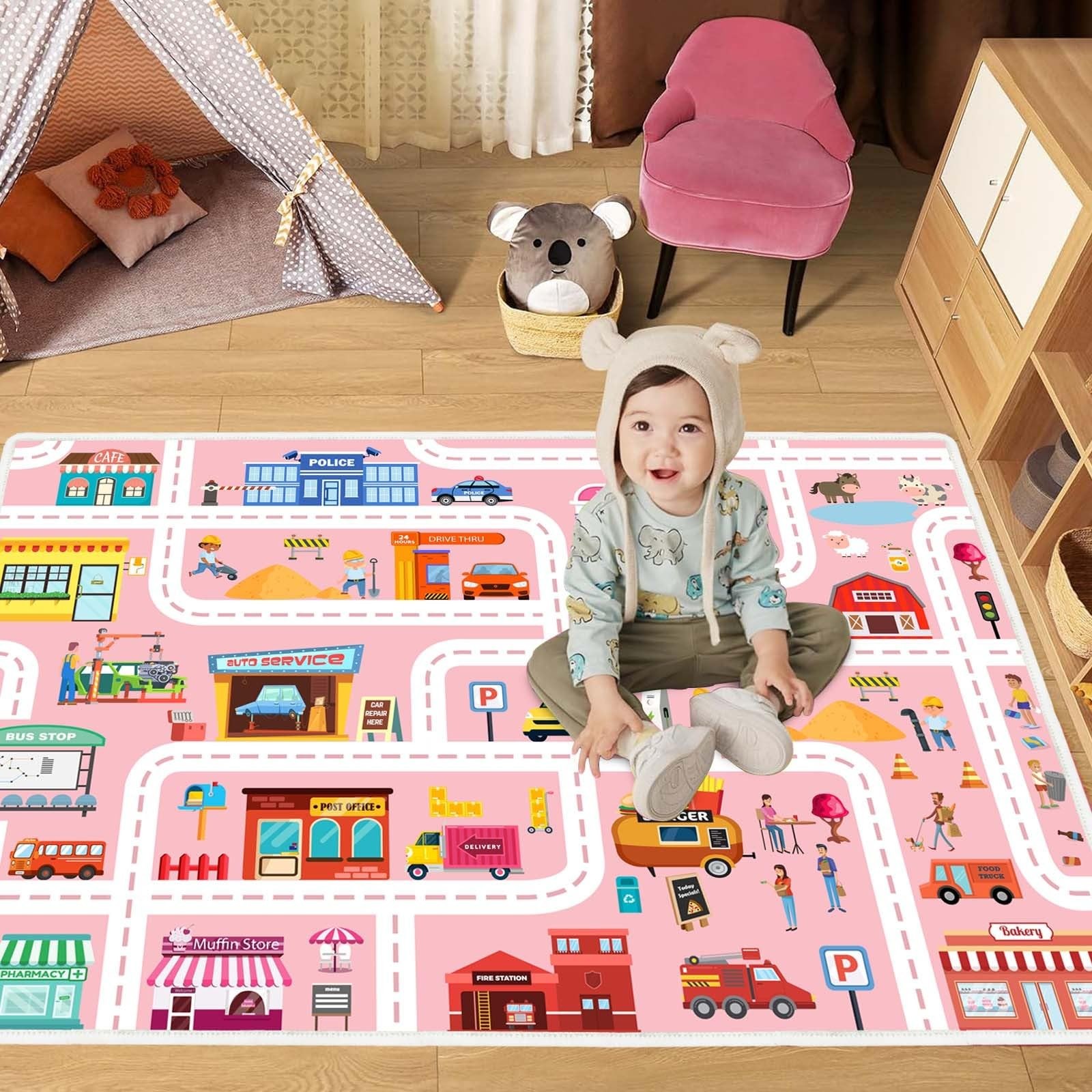 Car Play Mat Kid Playroom Rug Non Slip Road Rugs for Kids Toy Cars ，31x47in w…