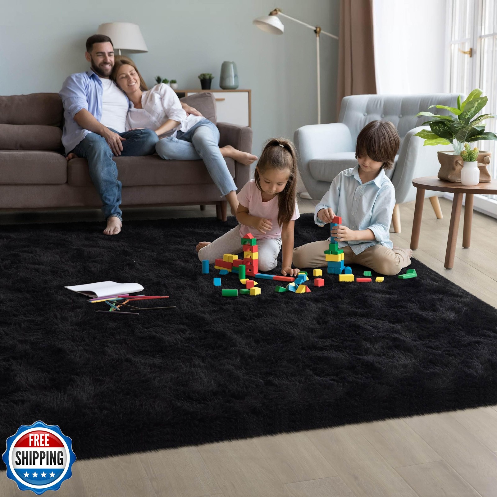 ULTSOFE 8×10 Black Fluffy Area Rug for Living Room Machine Washable, Shag Bed