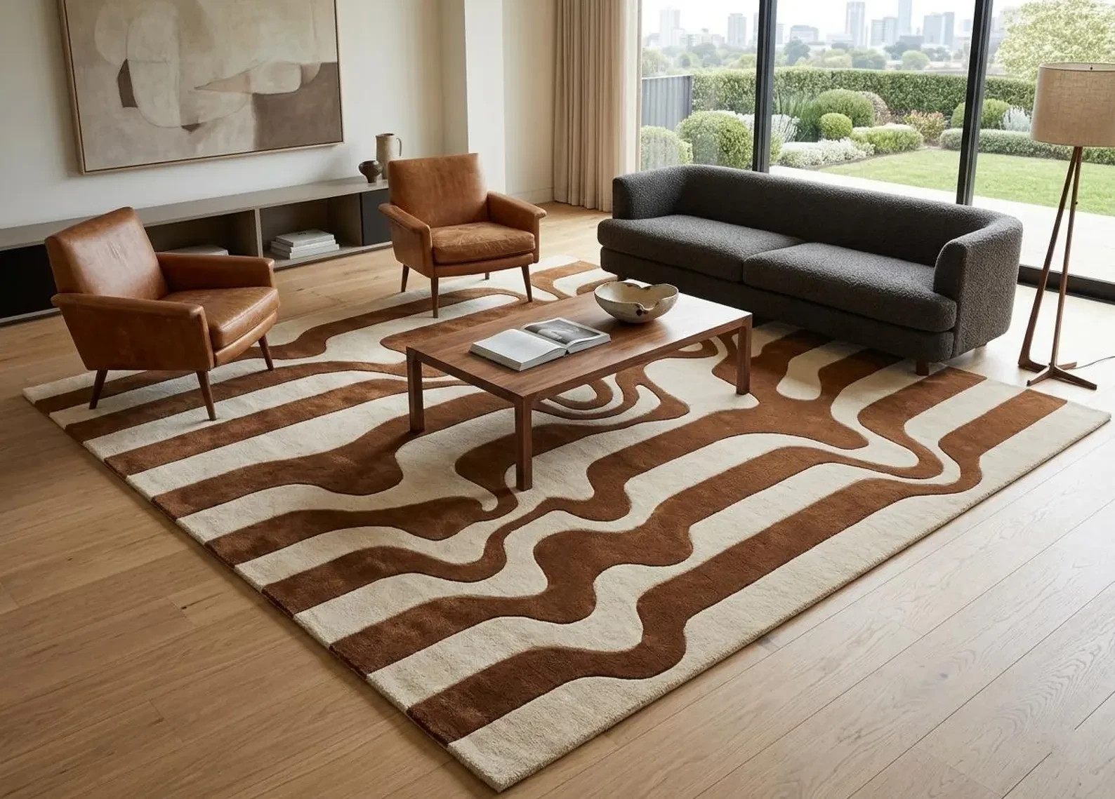 Modern Wavy Brown Wool Rug Abstract Mid Century Hand Tufted Living Room Carpets