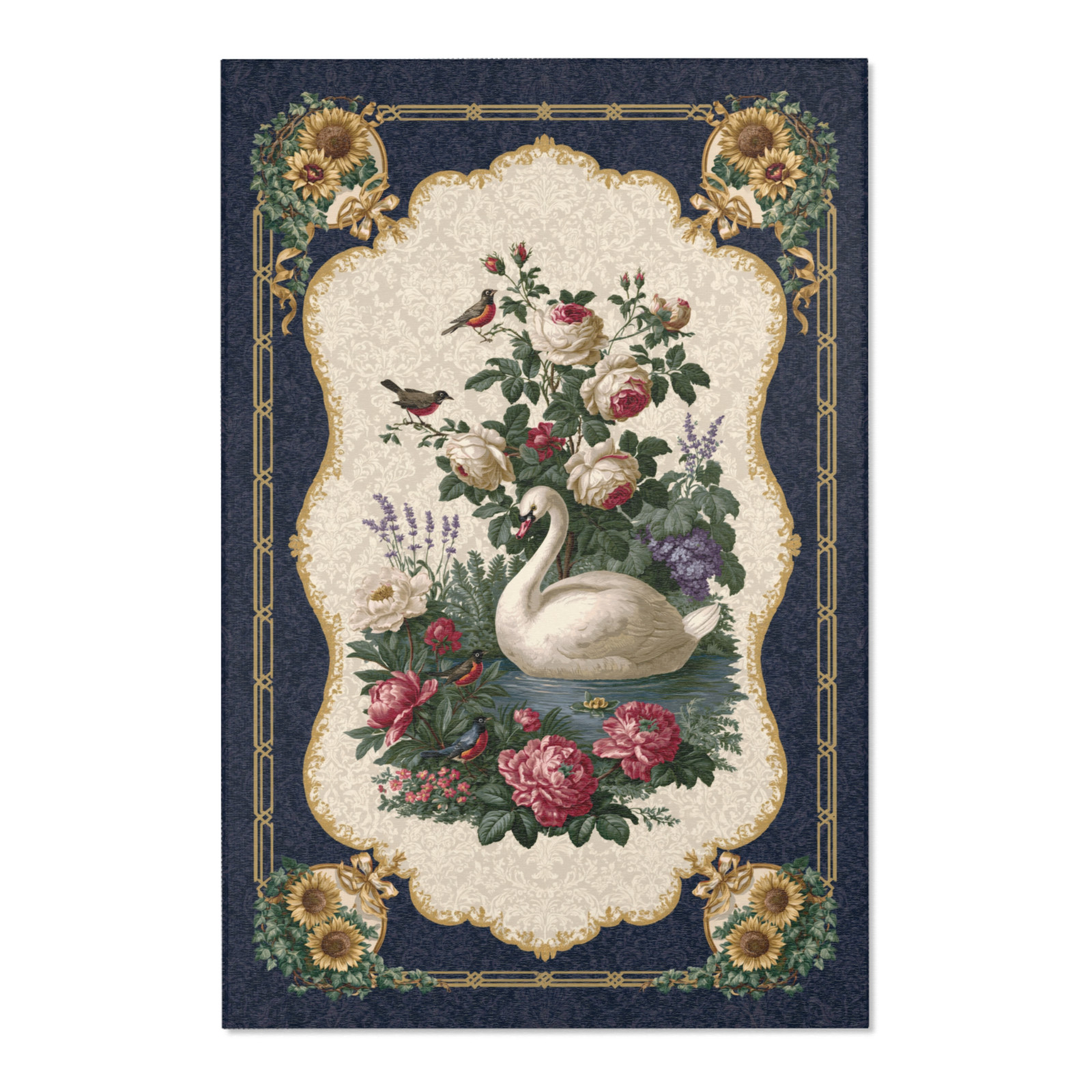 Swan Floral Area Rug Navy Blue Rose Botanical Bird Floor Rug Elegant Cottagecore