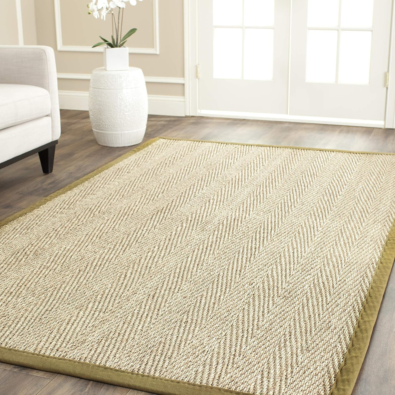 Natural Fiber Area Rug 6×9 – Olive Green Herringbone with Border