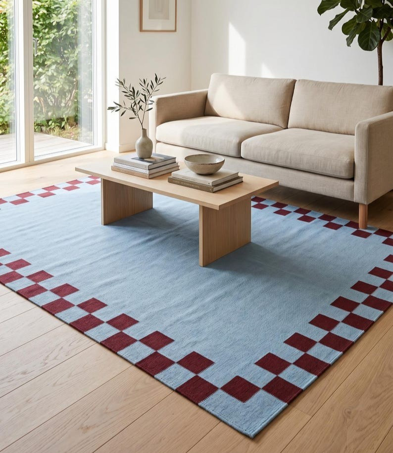 Blue Scandinavian Swedish Kilim Tile Rug Handmade Flat weave Boho Large Area Rug