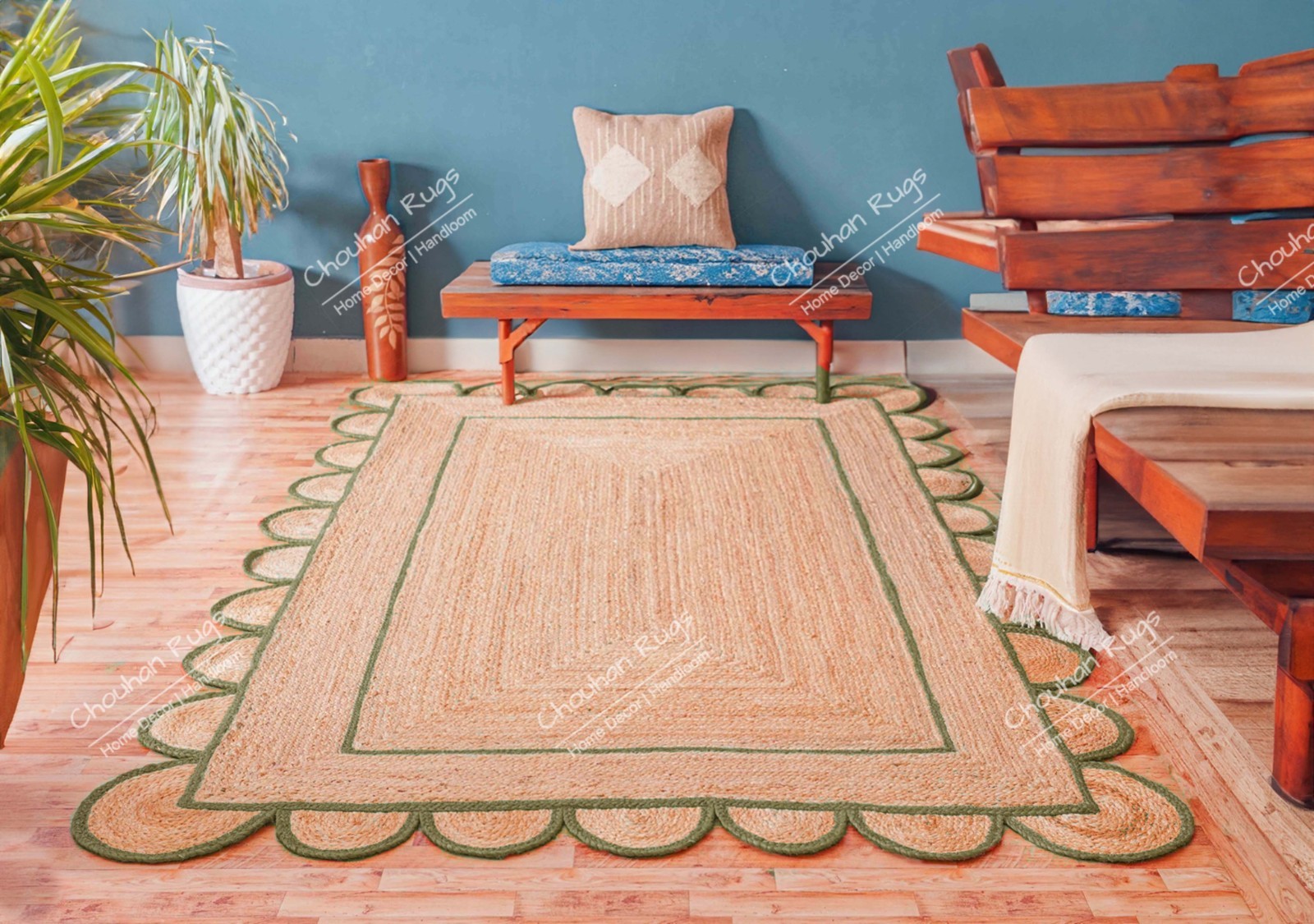 Custom size Vintage Natural scallop Jute Rug with Green Border Floor area Rugs