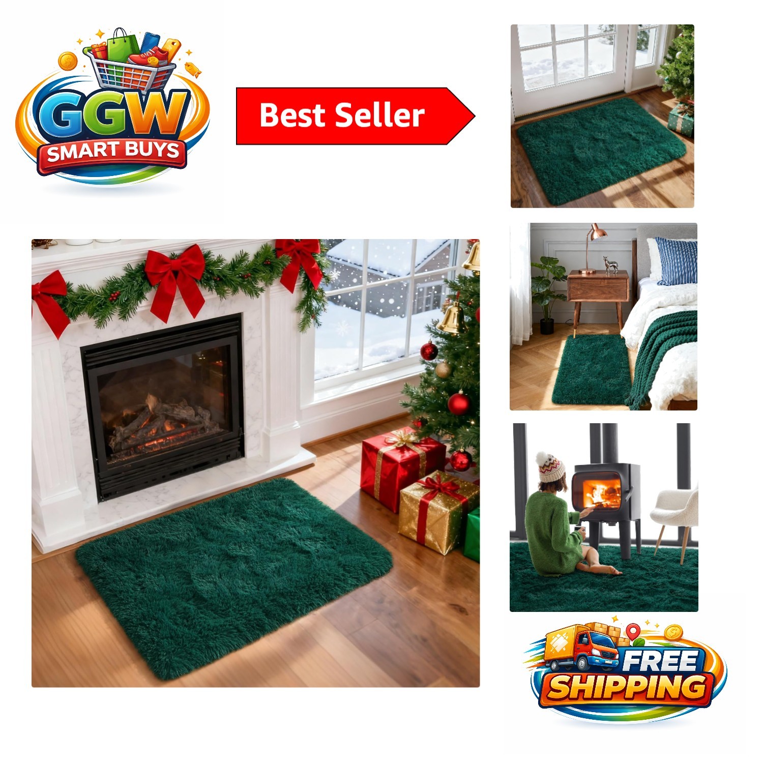 Stylish Deep Green 2×3 Fluffy Shag Rug – Perfect for Christmas & Everyday Use