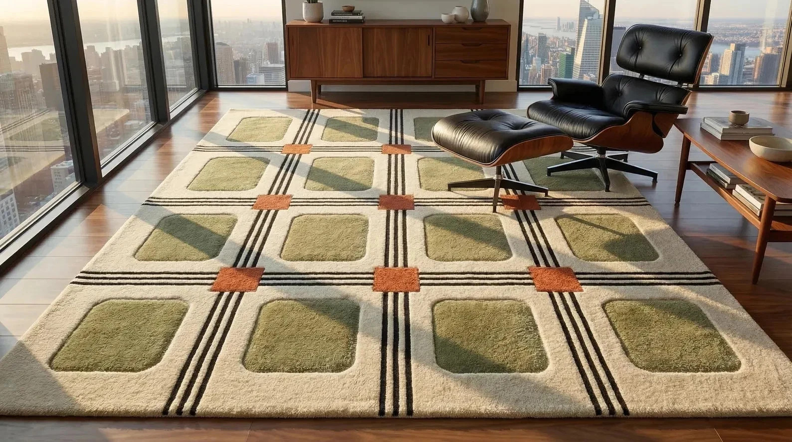 Hand Tufted Wool Rug Modern Geometric Grid Olive Green Rust Living Room Carpet