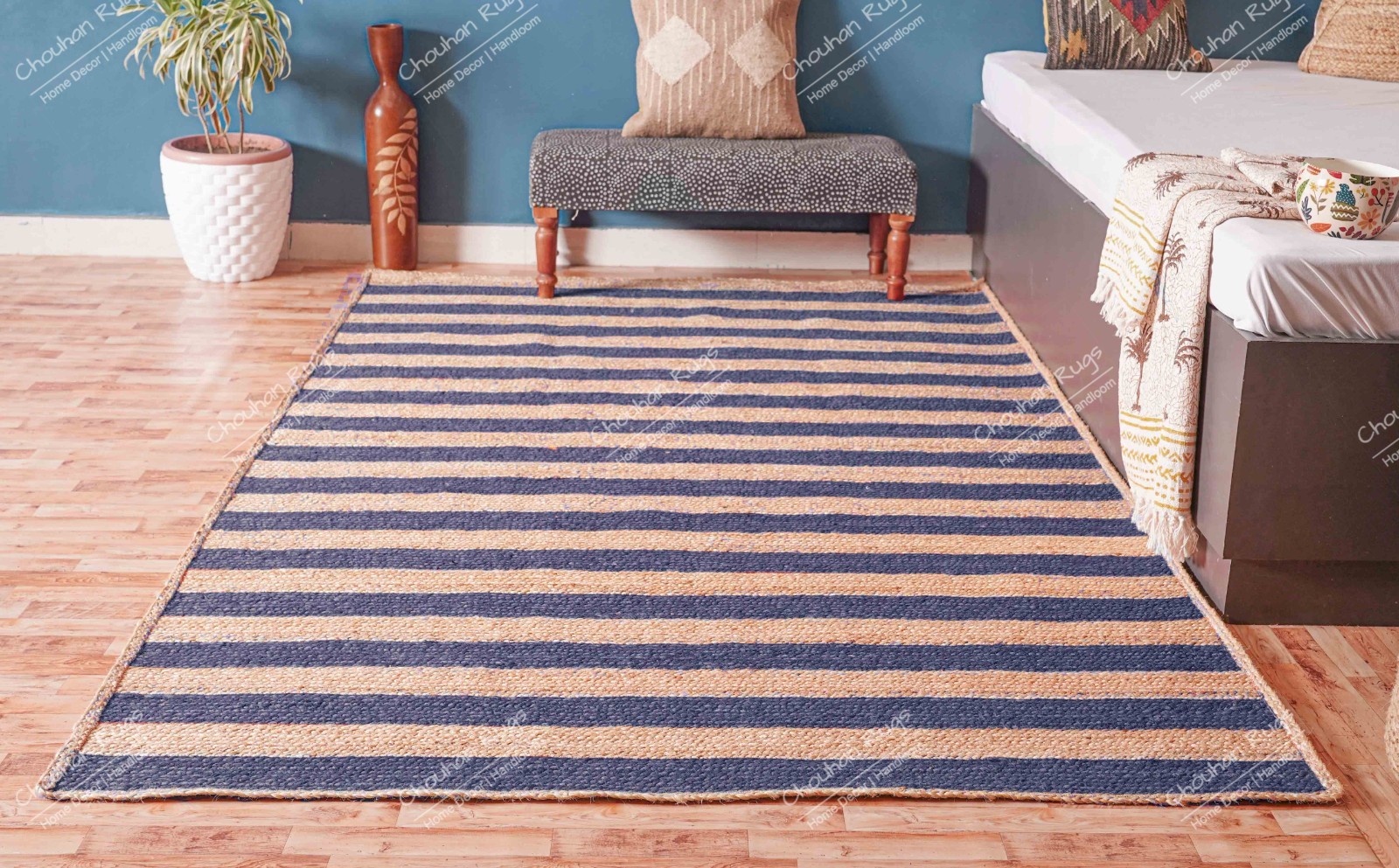 Boho Navy Blue Jute Area Rug Hand Braided Carpet Bohemian Striped Floor Mat