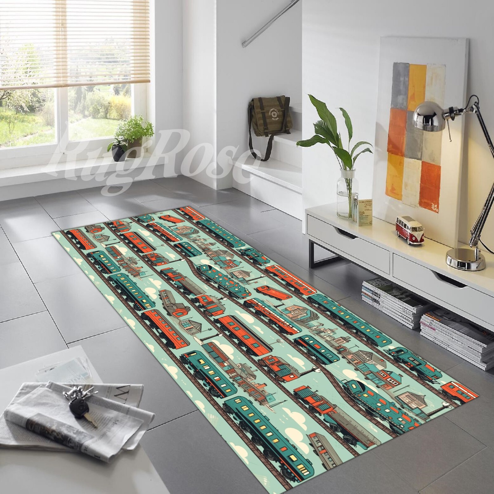 Train Rug, Train Runner Rug, Cute Train Rug, Train Track Rug, Train Pattern Rug