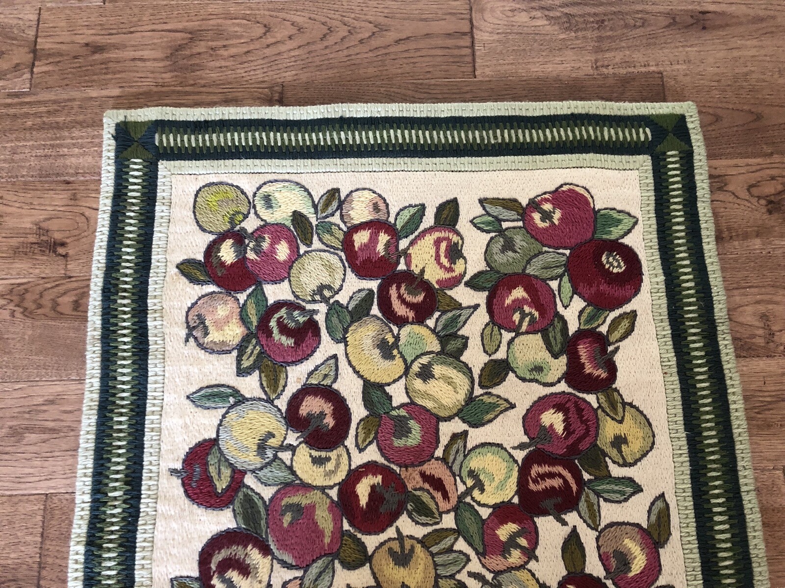 Vintage Hand Made Embroidered Needlework Rug with Fruits Field and Green Border