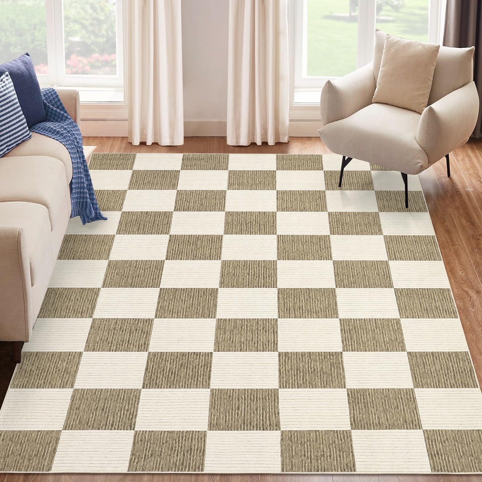 Modern Checkered 8×10 ft Washable Area Rug Non Slip Living Bedroom Dining Office