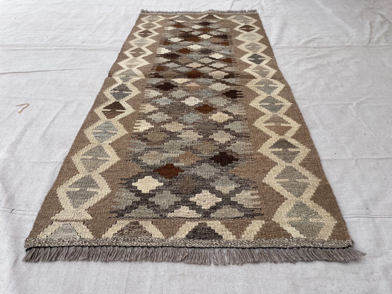 2×4 Muted Chobi Runner Rug Handwoven Wool Geometric Hallway Carpet.