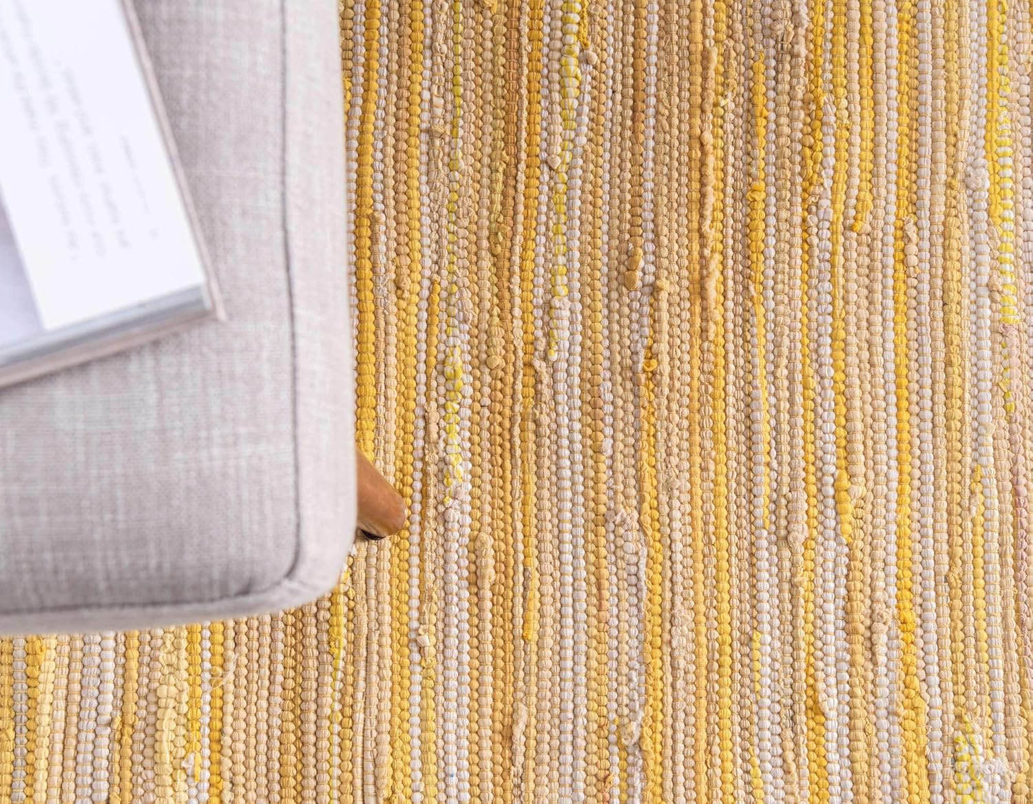 Soft Hand Woven Chindi Cotton Striped Area Rug, 9×12 Ft, Yellow/Ivory