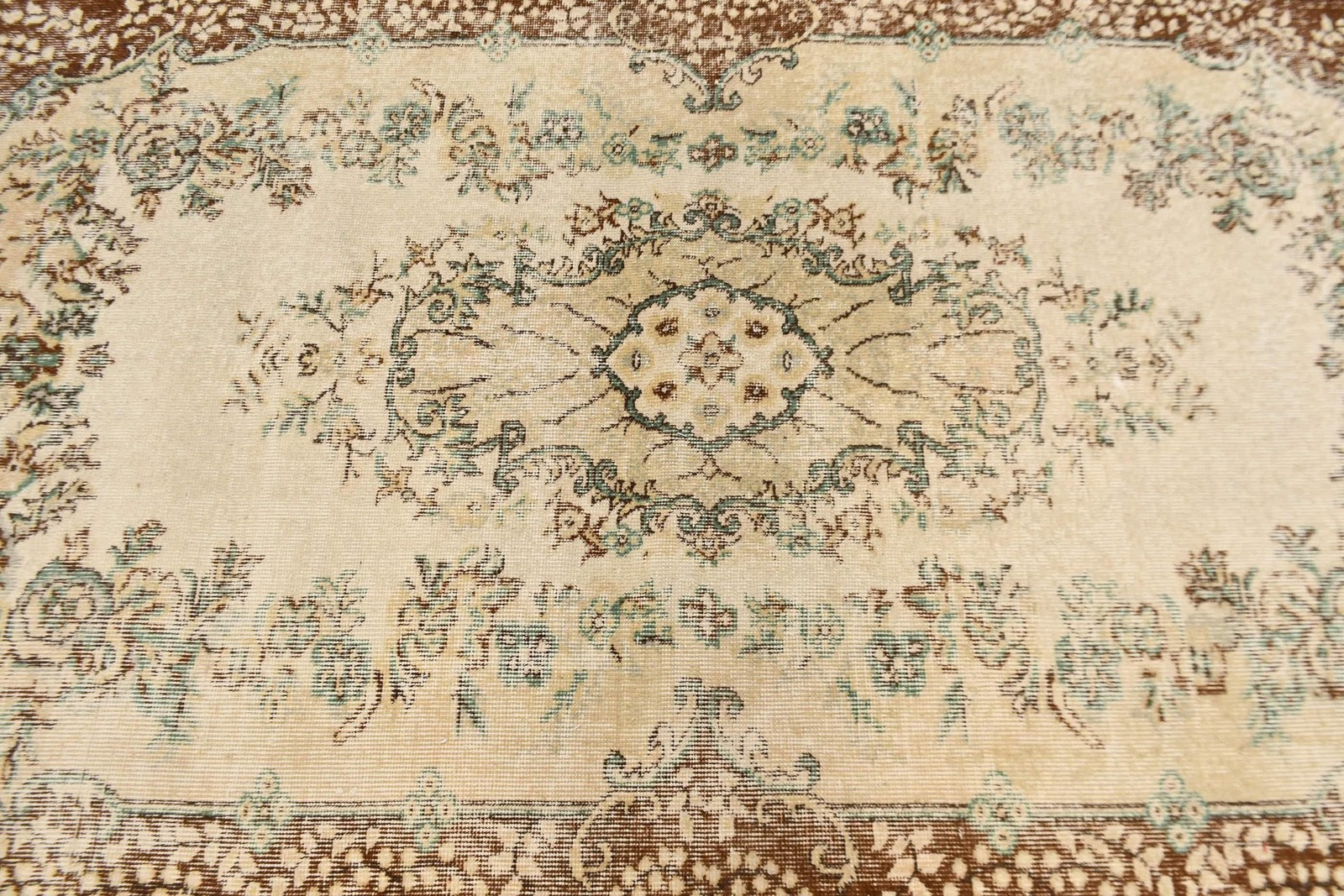 Turkish Vintage Rug 3,8×6,9 ft (117×209 cm), Brown Green Bordered Rug