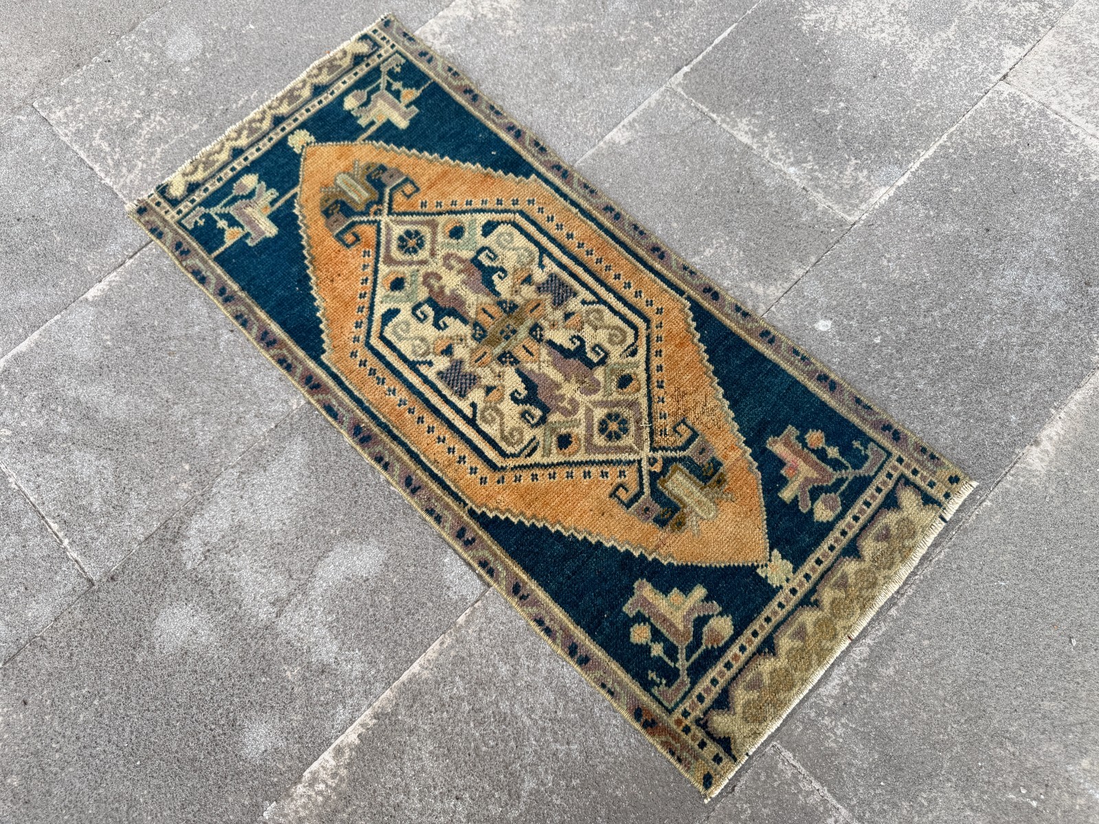 Handwoven Anatolian Accent Carpet 1.4×3.1 Ft Navy Camel Tribal Wool Decor
