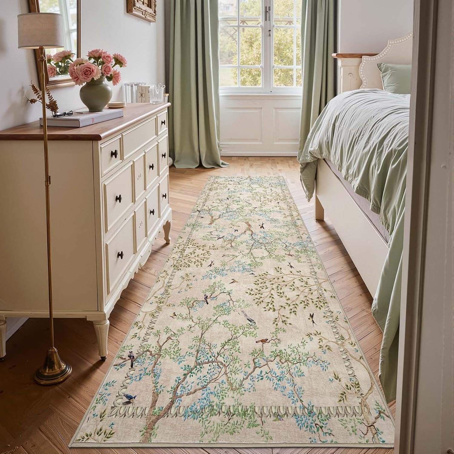 Yarden Beige Botanical Birds 3×10 Runner Rug for Hallway Washable Non Slip Soft