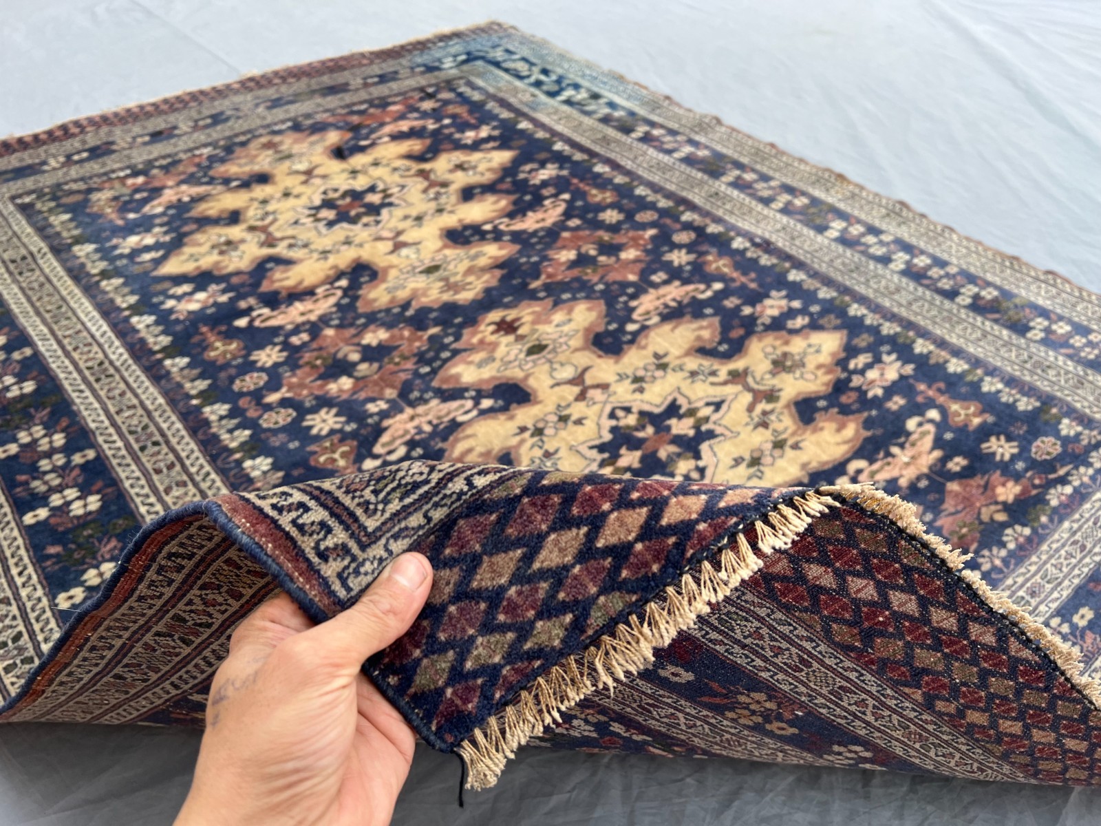 4×5 Elegant Afghan Floral Rug Wool Carpet Navy Beige Medallion Traditional Decor