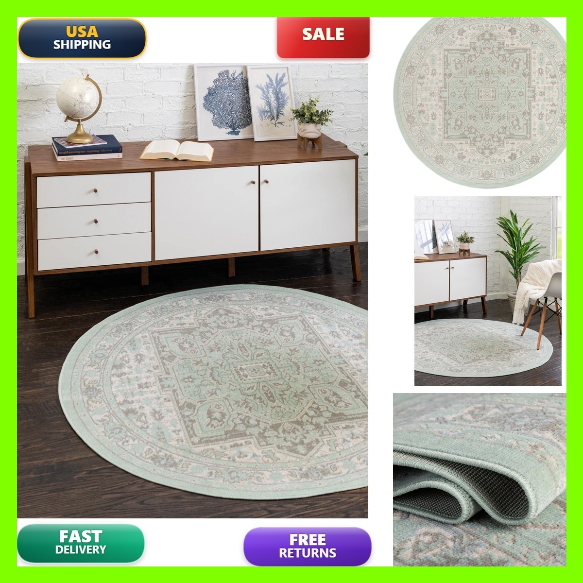 Unique Loom Whitney Collection Area Rug – Milano 7′ 1″ Round Mint/Ivory
