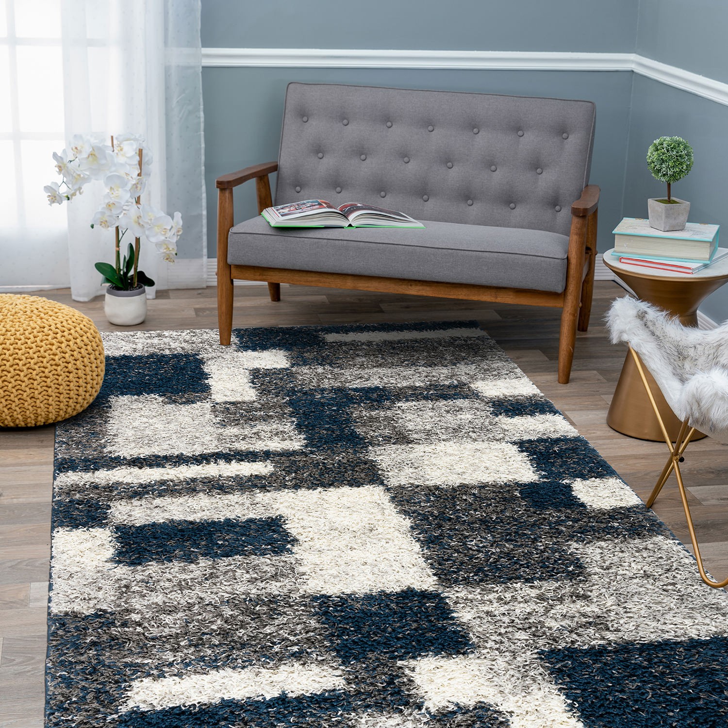 Area Rugs Distressed Modern Boxes Plush Shag Rug Guest Room Dining Room Rug 5×7