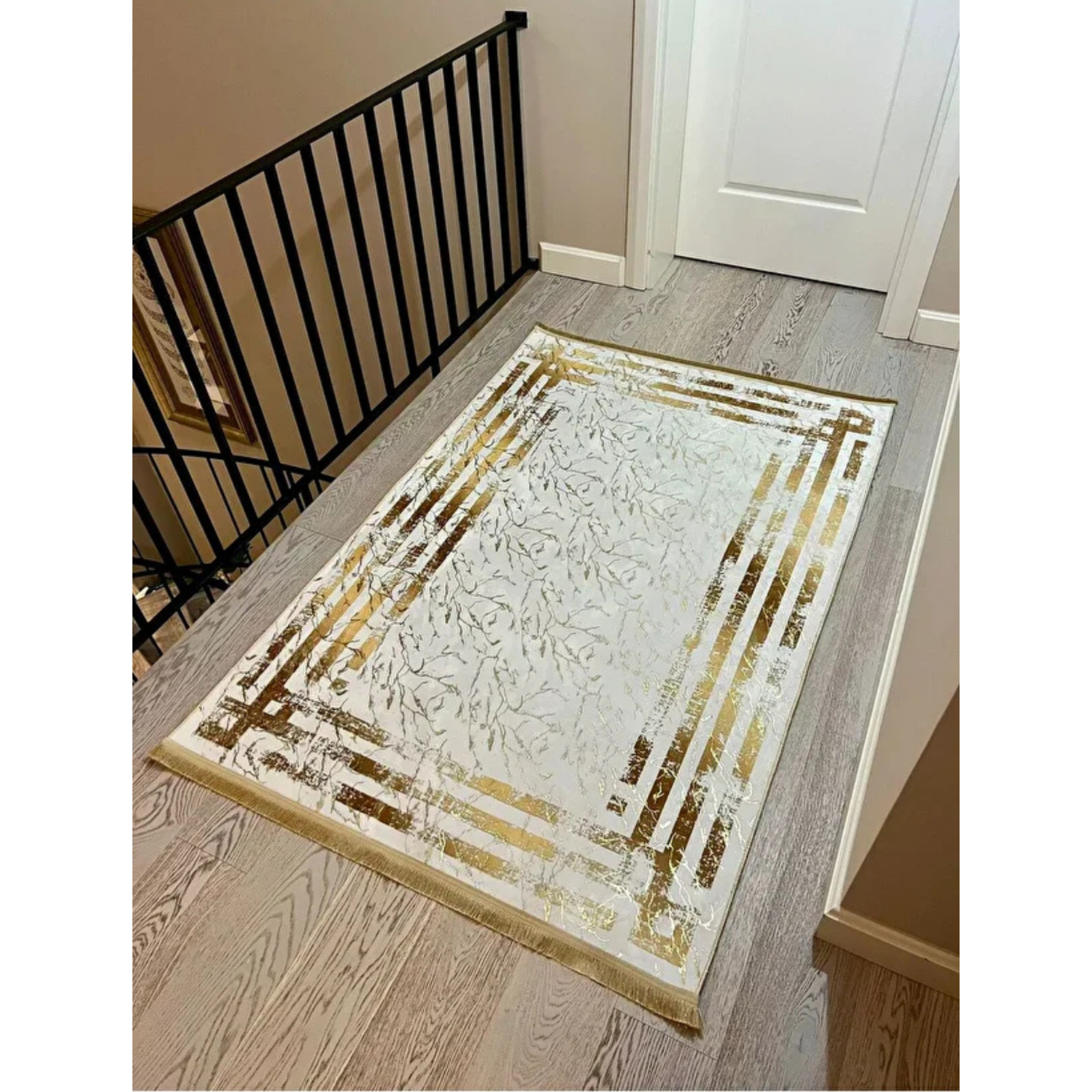 White Gold Bamboo Rug – Washable Non Slip Luxury Carpet for Entryway & Home