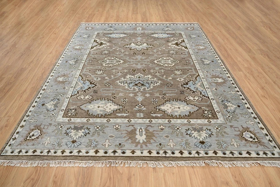 Taupe Blue Hand Knotted Oushak Rug Vintage Turkish Wool Area Carpet Custom Size