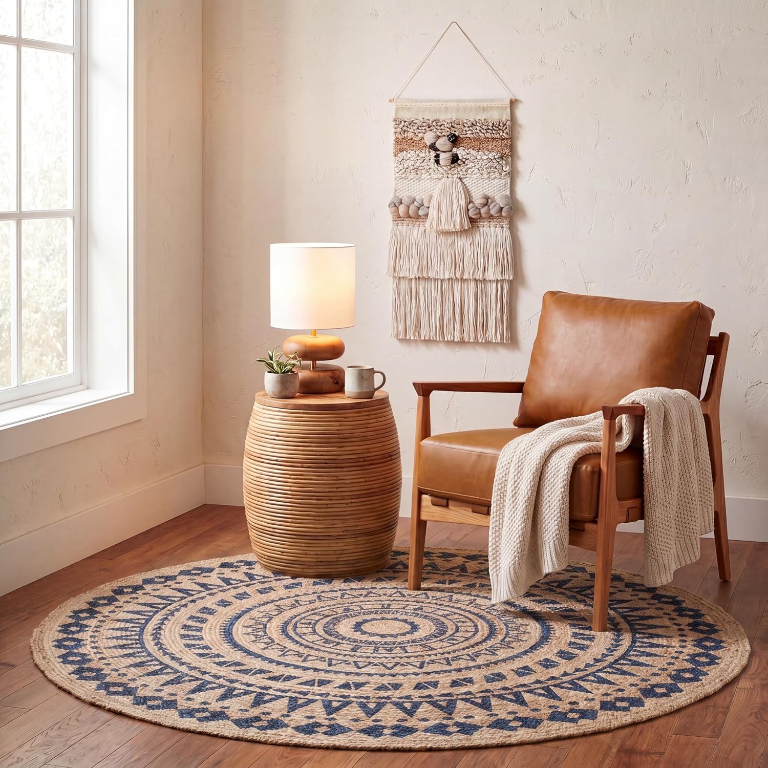 Round Safavieh Aqua Bohemian Natural Fiber 4 Foot Handmade Round Rug