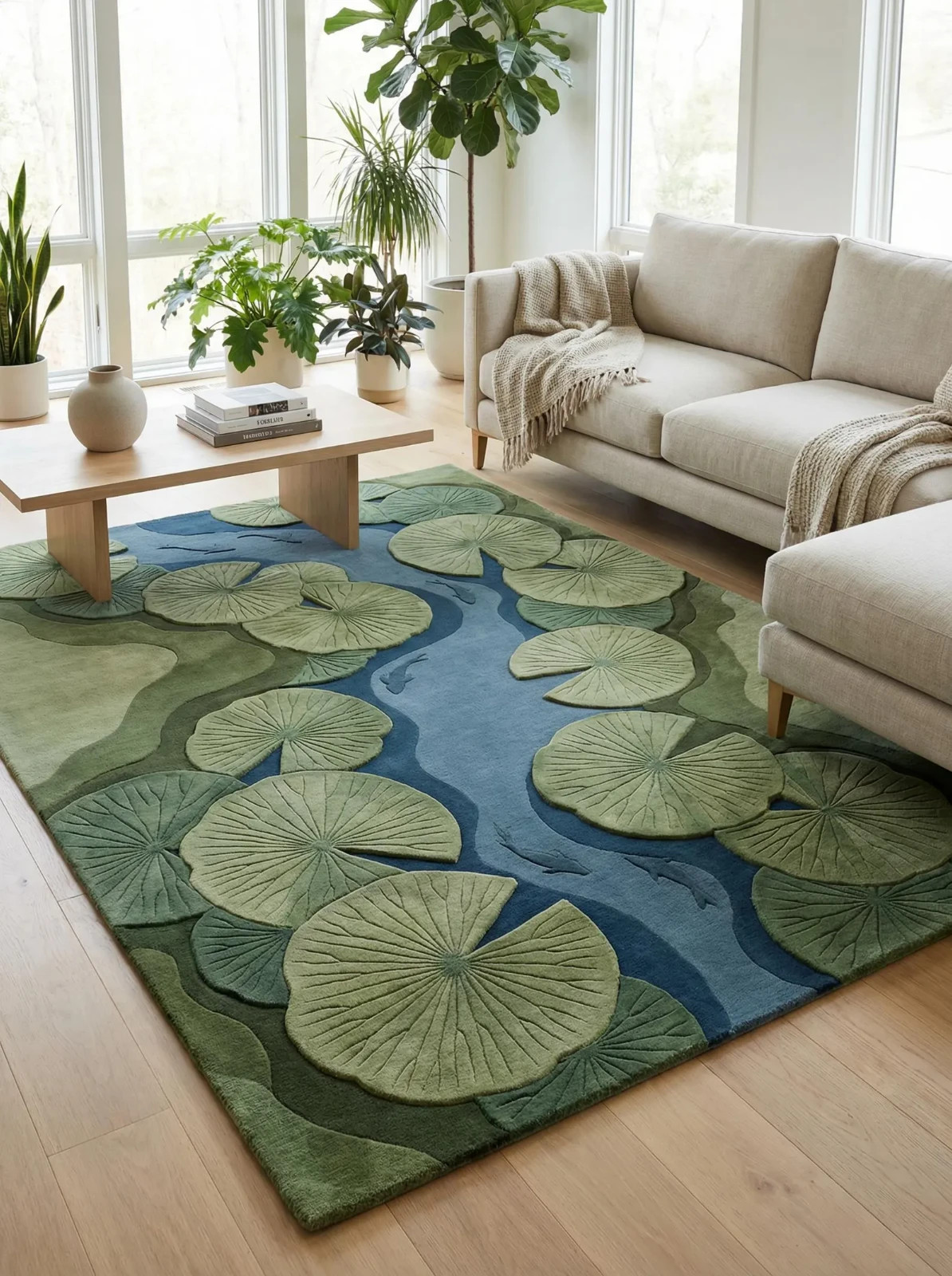 Hand-Tufted Lily Pad Pond Rug – Luxury 3D Textured Green & Blue Nature-Inspired