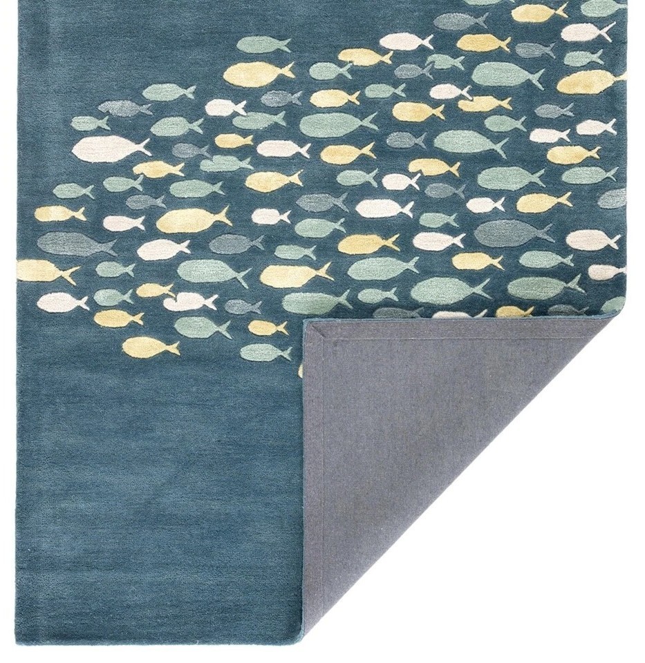Modern Coastal Fish Celestial Blue Hand-Tufted 100% Wool Soft Area Rug Carpet