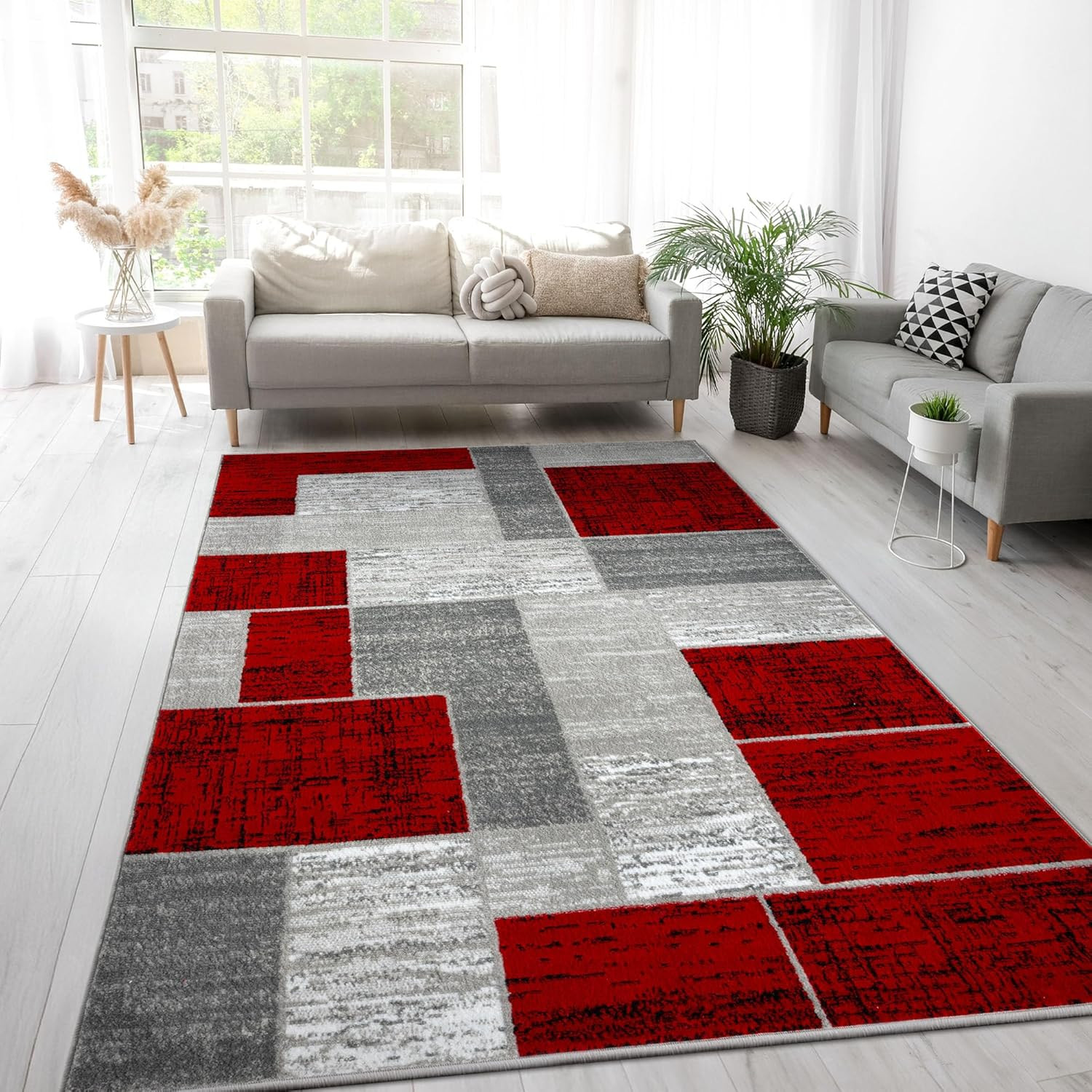 Modern Geometric Area Rug 8′ x 10′ Red Grey for Living Room & Office Decor